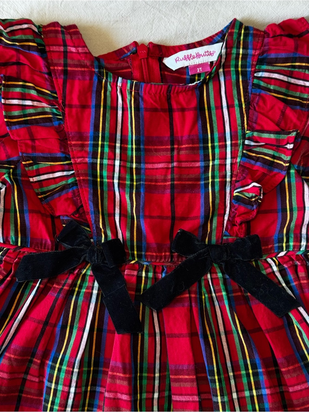 RuffleButts Girls Red Plaid Holiday Dress with Velvet Bow